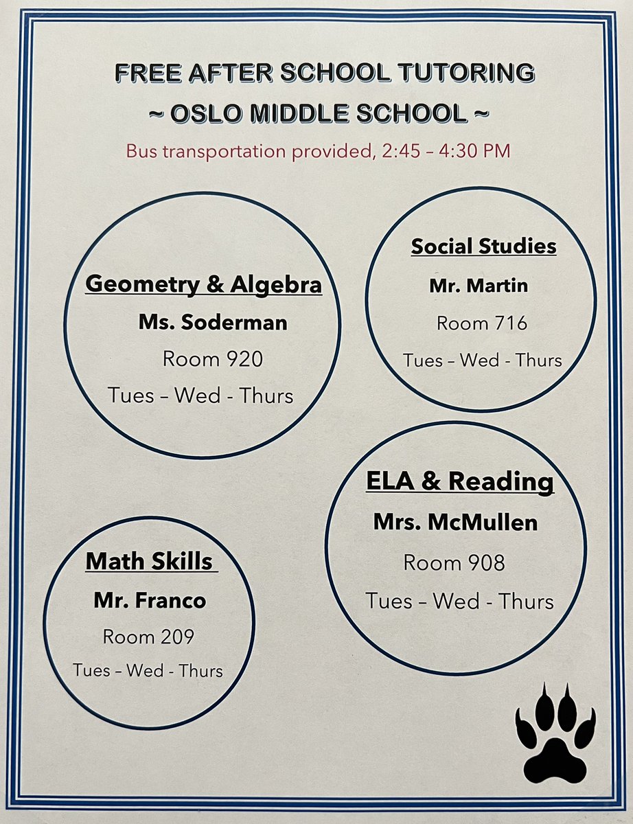 <a href="/OMS_Connected/">Oslo Middle School</a> tutoring will be held every Tuesday, Wednesday, and Thursday. Checkout the subject areas for tutoring 📚! Bus transportation will be provided 🚌! @SDIRC_SUP <a href="/CraigKinsley1/">Craig K</a> <a href="/teachmehow2alge/">teachmehowtoAlGE</a> <a href="/MrBrown_Civics/">Ken Brown</a> @KBaysura