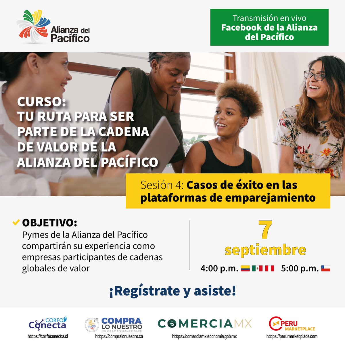 A_delPacifico's tweet photo. 🗣️ ¡Mañana! No te pierdas la cuarta sesión de este curso de la #AlianzaDelPacífico. Conoceremos la experiencia de pymes participantes de cadenas globales de valor.

✅ Registro 👉https://t.co/sWIX0Z4Ipm
🗓️ 7 de septiembre
⏰ 16 h. 🇨🇴🇲🇽🇵🇪 17 h. 🇨🇱 https://t.co/mxVMZWhZje