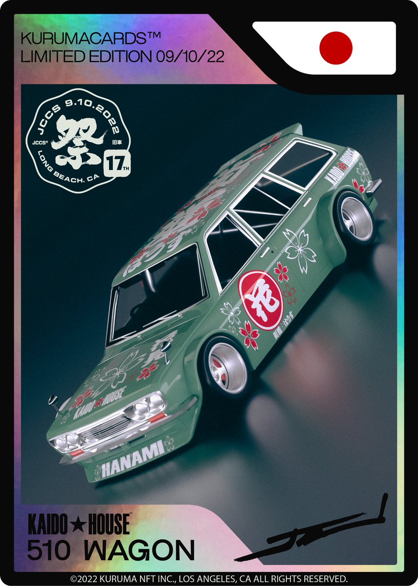 Kuruma_NFT's tweet image. KurumaCards™ kicks off with Kaido House™ collab! Only 100 of these KurumaCards x @kaidohouse editions will be offered as a free download to fans at the Kaido House booth at the JCCS car show. Ten of these cards will be rare “foil” editions that come with a KurumaNFT swag pack.