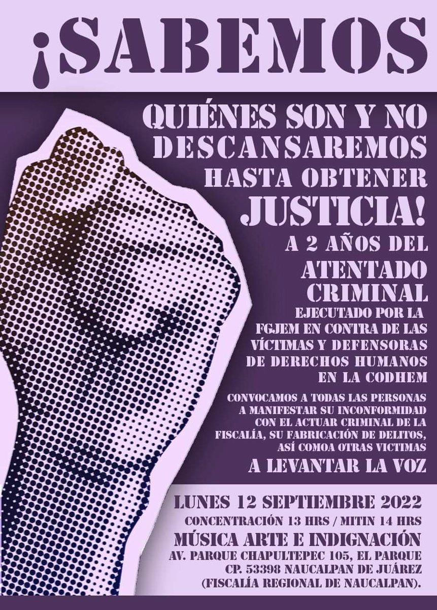 Se cumplen 2 años de la tortura a la que sobrevivimos y la fiscalía sigue encubriendo a los agresores a pesar de las pruebas en su contra
Les solicito su acuerpamiento, su asistencia y su digna rabia, este lunes 12 de septiembre 2022 a las 13 hrs
NI PERDON NI OLVIDO
#CNDHEcatepec