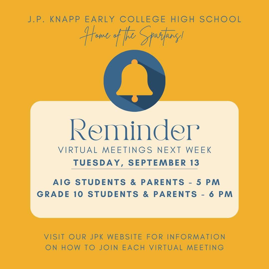 Please don't forget - We have 2 virtual meetings scheduled for next Tues, Sept 13. Find joining information on our JPK website or JPK Facebook Events.Have questions? Call our main office at 252-232-3107. Thank you! #jpkspartans #spartanfamily #currituckk12
