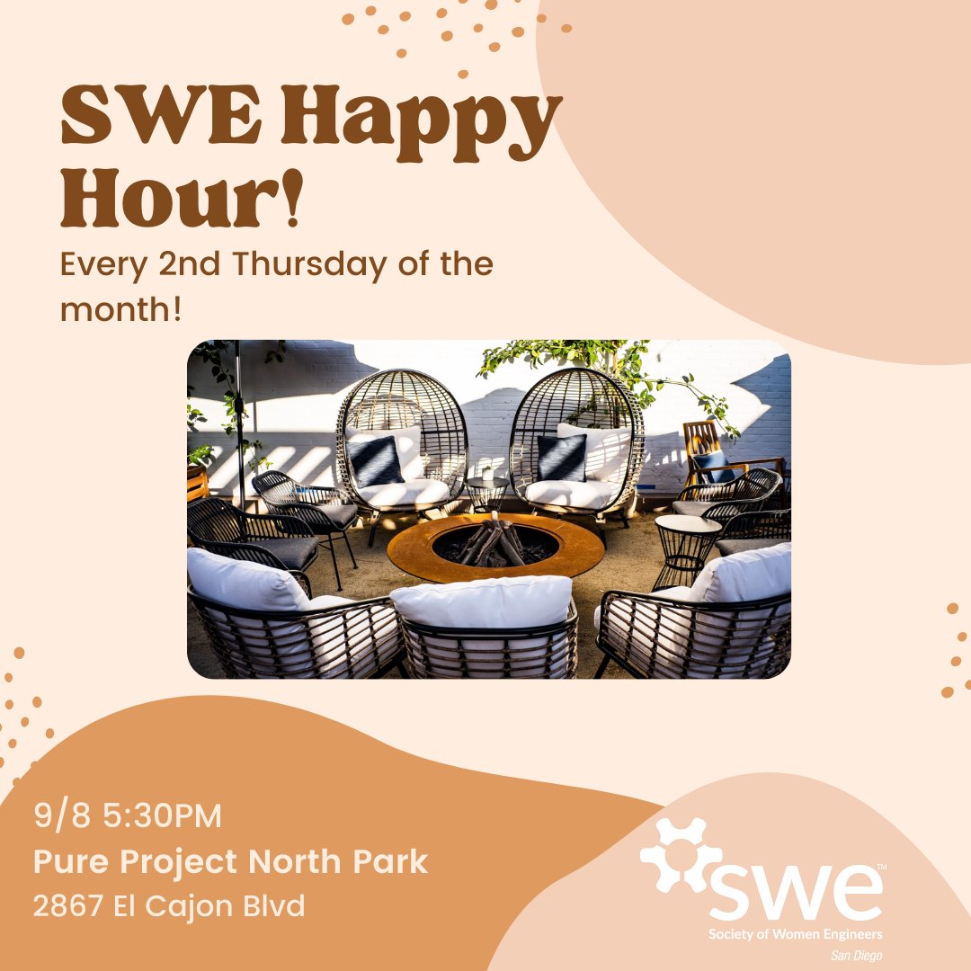 FY23 SWE-San Diego Member Engagement will be starting a monthly SWE Happy Hour! This event will happen every second Thursday of the month at locations all around the San Diego area. This month we will be meeting in North Park Pure Project Brewery!