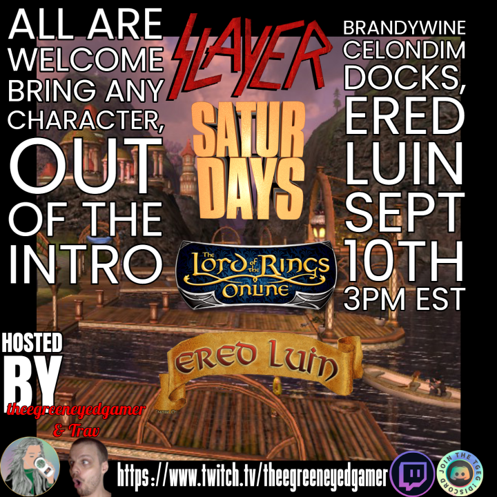 Jessica13691067's tweet photo. 🪙  Slayer Saturday 
➡️ Ered Luin Meta Deed
🧙‍♂️ Bring ANY char, level, race, or class 
🗓️ September 10th
🕒 3PM EST
🌎 Brandywine
🗺️ Meet @ Celondim Docks, Ered Luin
👩‍💻 Live @ https://t.co/2zYg001How
#lotro #lotrofamily #slayersaturdays #mmorpg #twitch  #F2P https://t.co/X54AUwl6B1