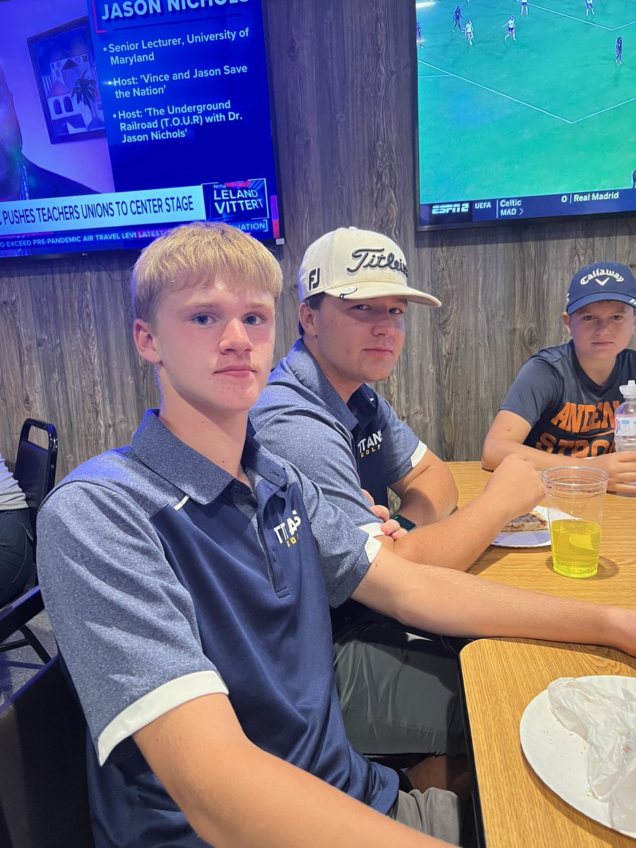 The titans took another wbl win today going 5-1 in the wbl. The titans beat celina 174 - 202. Shoutout to Ty for having a happy birthday. Good luck on your test tomorrow!

Brad Maag - 41 (medalist)
Ty Verhoff - 42
Evan Pester - 43
Theo Maag - 47