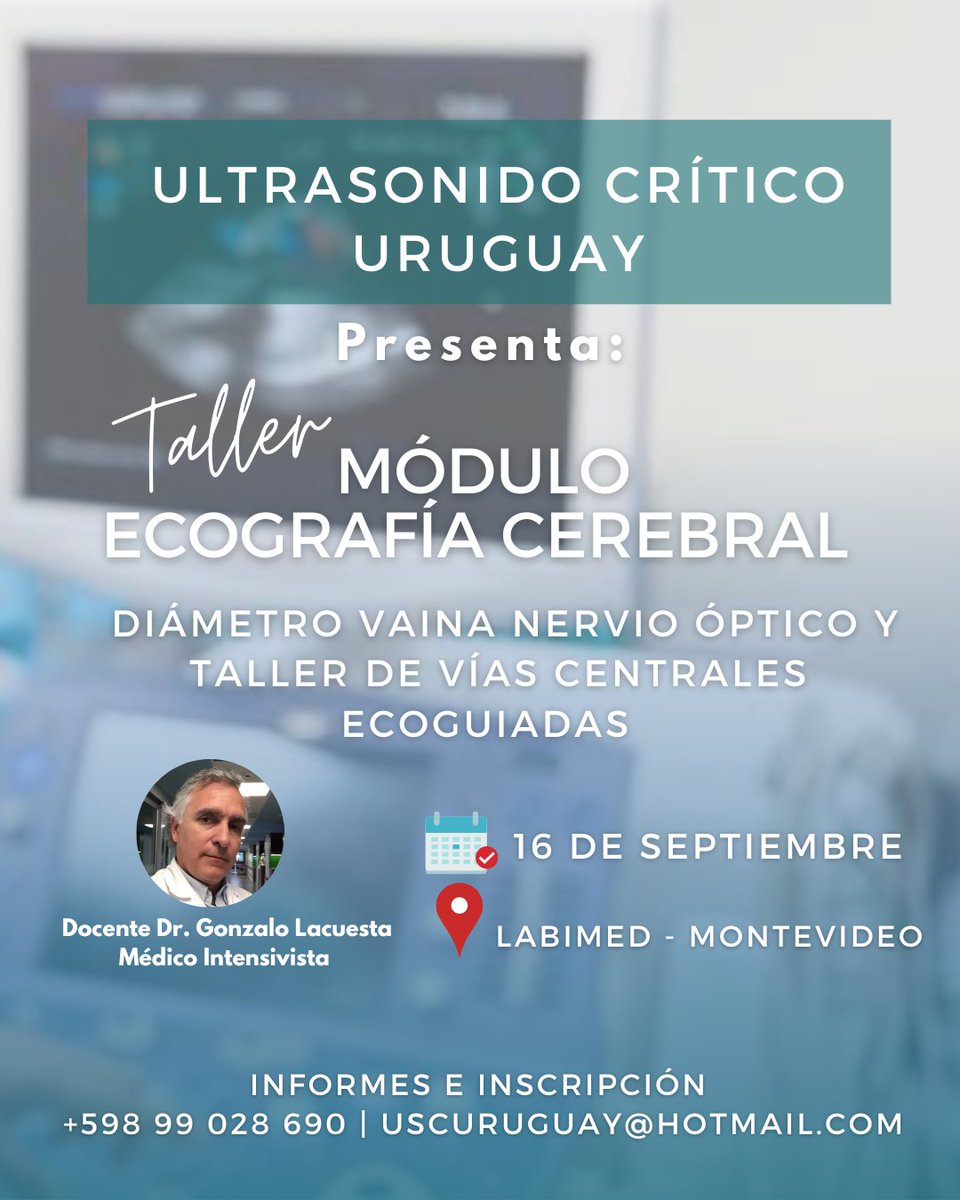 🖥️TALLER MÓDULO 
🧠 ECOGRAFÍA CEREBRAL

🔴Atención Montevideo 
Próximo Viernes 16/09 vamos a estar dando este útil y práctico Taller a cargo del <a href="/GonzaloLacuest2/">Gonzalo Lacuesta</a> y que también incluye Taller de Vías Centrales Ecoguiadas
✓Oficinas Labimed
Los esperamos

#ultrasonido
#ecografia