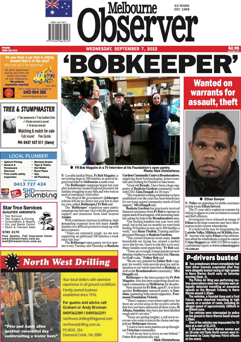 FatherBob's tweet photo. Good Morning Cobbers,
Latest news from #Bobkeeper...We made front page this morning in the Melbourne Observer. For further information and support, head to: https://t.co/c6M98tAlHP https://t.co/AaOnKvD7an