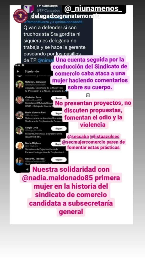 AValcarcel15's tweet photo. #BastaDeOdio #NiUnaMenos 
REPUDIO TOTAL EL ATAQUE QUE ESTA SUFIRENDO LA COMPAÑERA @nimaldonado85 por parte de la conducción del SINDICATO DE COMERCIO  ARMANDO CAVALIERI y la @ListaAzulSEC https://t.co/lc9UeL3eEE