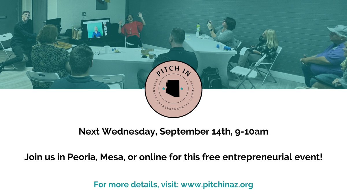 PitchInAZ's tweet photo. We're one week away from our next #pitchin event! Join us in Peoria, Mesa, or online as we hear a #pitch from @vybedating and learn more about what is going on with #peoriaforward. More info at https://t.co/0NQTtZBNUI https://t.co/4WT0UImImr