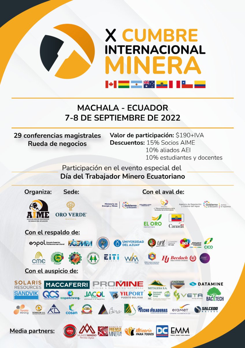 Tecnovoladurass's tweet photo. 𝙇𝙄𝙎𝙏𝙊𝙎 𝙋𝘼𝙍𝘼 𝙇𝘼 𝘾𝙐𝙈𝘽𝙍𝙀 𝙈𝙄𝙉𝙀𝙍𝘼 👷🏻
Estamos felices de ser parte de este importante evento que reúne al sector minero en un solo lugar.
Nos vemos este 7 y 8 de Septiembre en Machala.
@AIME_EC
#MineriaResponsable
#MineríaEcuador
#MiningEcuador
#CumbreMachala https://t.co/LYJdMNKxup