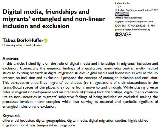 USJ_online's tweet photo. New #SpecialIssue paper by @TabeaBork: #DigitalMedia, friendships and migrants’ entangled and non-linear #inclusion and exclusion https://t.co/VvtHble9rG https://t.co/sdAXZED86N
