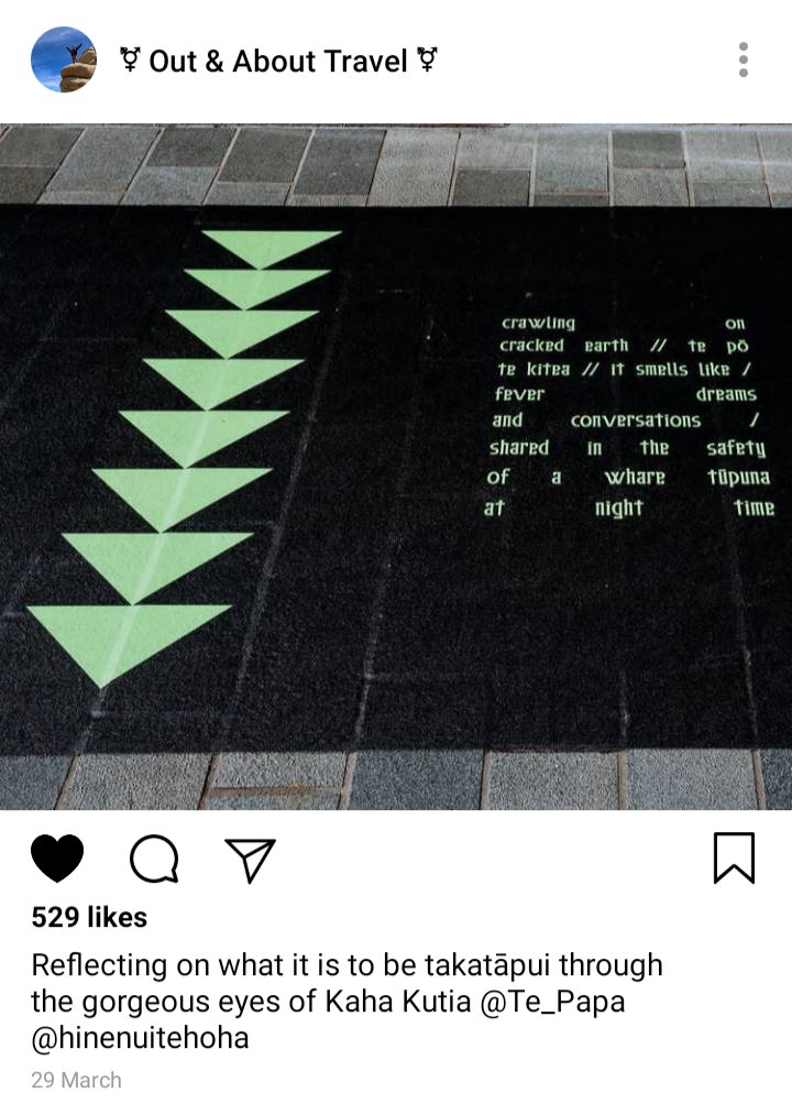 Oluwande and Jim's IG: picture of Kaha Kutia's art exhibit, Tē Po. "Reflecting on what it is to be takatāpui through the gorgeous eyes of Kaha Kutia" 