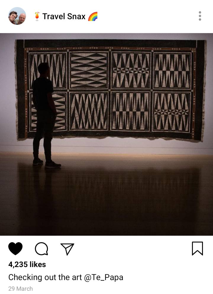Lucius' IG: picture of someone looking at a piece of art on exhibit. "checking out the art at te papa" 
