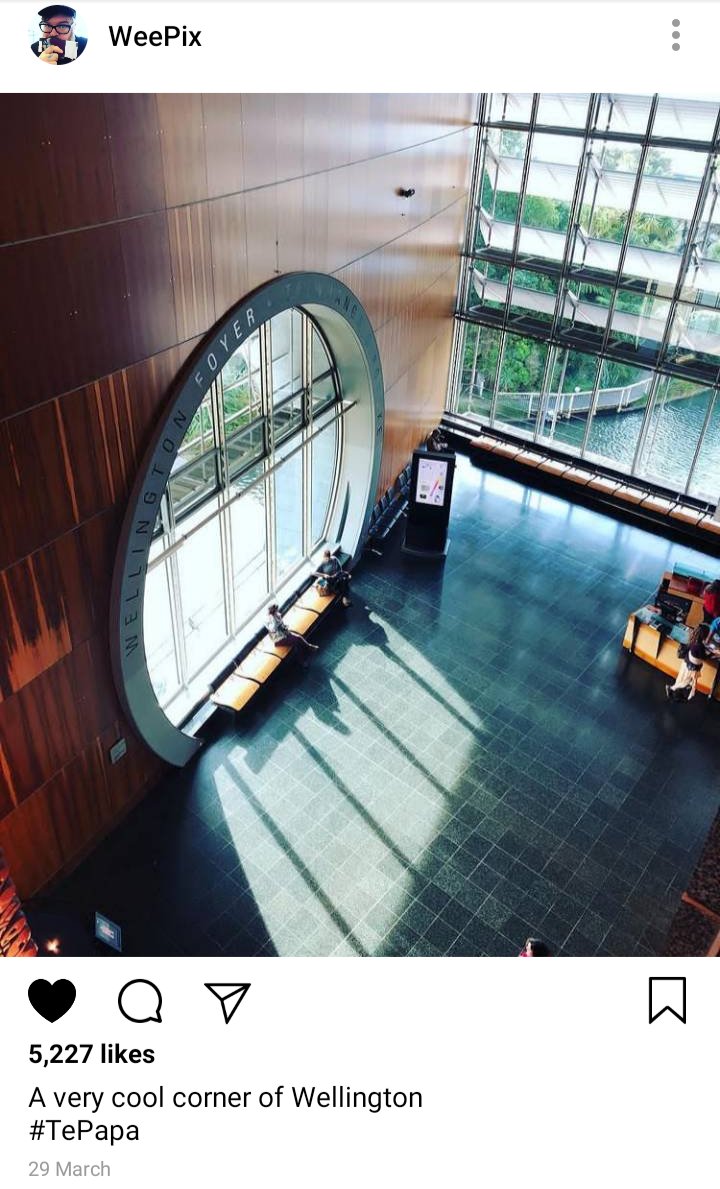 John's IG: picture of the Te Papa foyer. Caption: A very cool corner of Wellington 