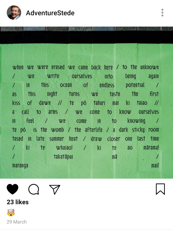 Stede's IG: picture of the written text "When we were erased" by Kaha Kutia. Head explosion emoji 