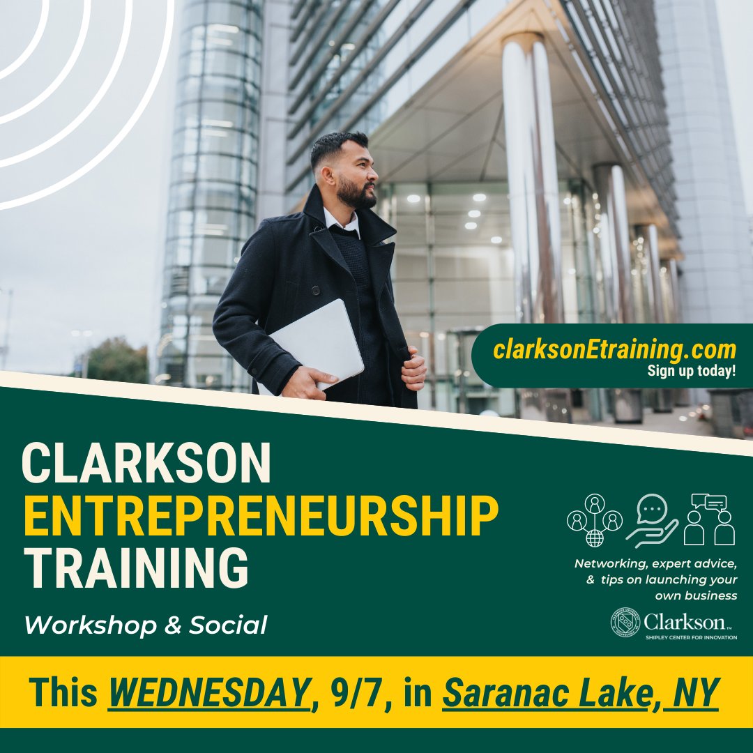 CUShipley's tweet photo. Join us TOMORROW (9/7/22) for our next Entrepreneurship Training workshop in Saranac Lake, NY. It's not too late to reserve your spot! Sign up at: https://t.co/FMkbVKnEGi https://t.co/mZYLE44z5H