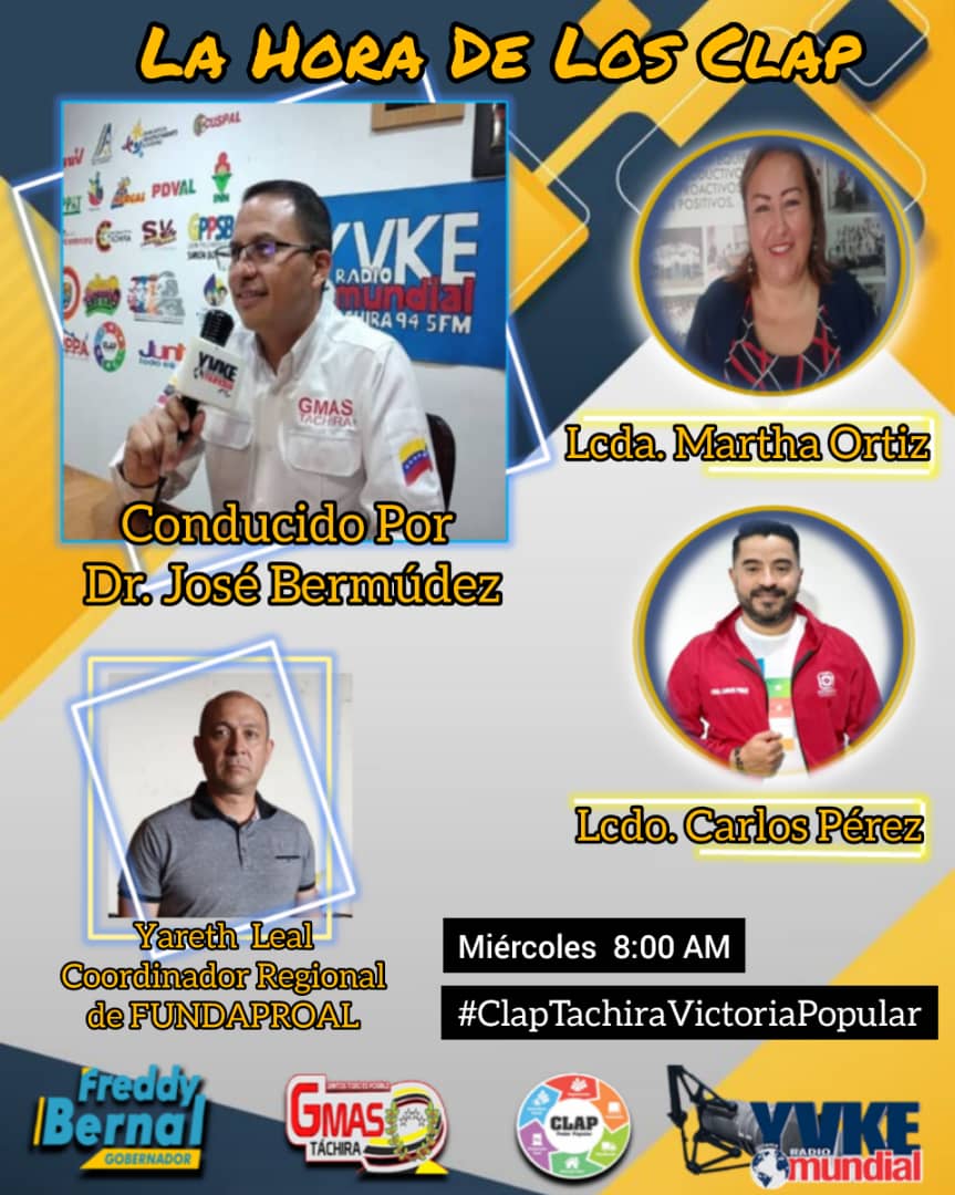 #07Sept sintoníza la 94.5 FM <a href="/YvkeTachira/">Yvke Tachira</a> a partir de las 8 am.  "La Hora de los Clap" en donde tendremos como invitado a Yared Leal, Director Regional de <a href="/FundaproalO/">Fundación Programa de Alimentos Estratégicos</a> #Táchira para conversar sobre este programa social del <a href="/MinAlimenVen/">minalimentacion_ve</a> 
<a href="/FreddyBernal/">Freddy Bernal</a>
#ClapTachiraVictoriaPopular