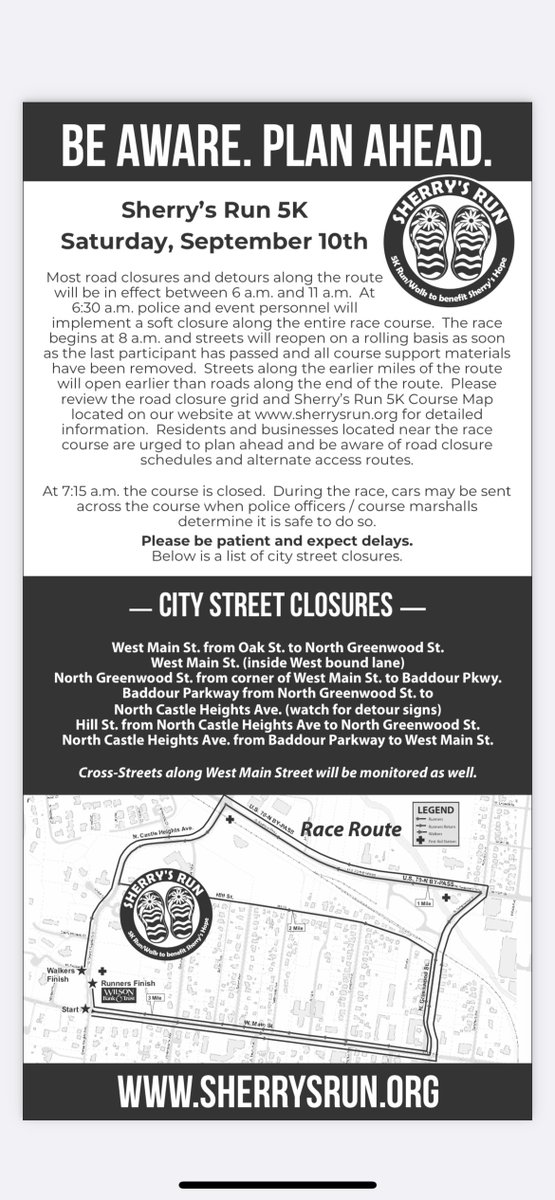 SherrysHope_TN's tweet photo. BE AWARE. PLAN AHEAD! Expect road closures on Saturday, September 10th for Sherry's Run 5K Event! https://t.co/JOjoZIoXjg