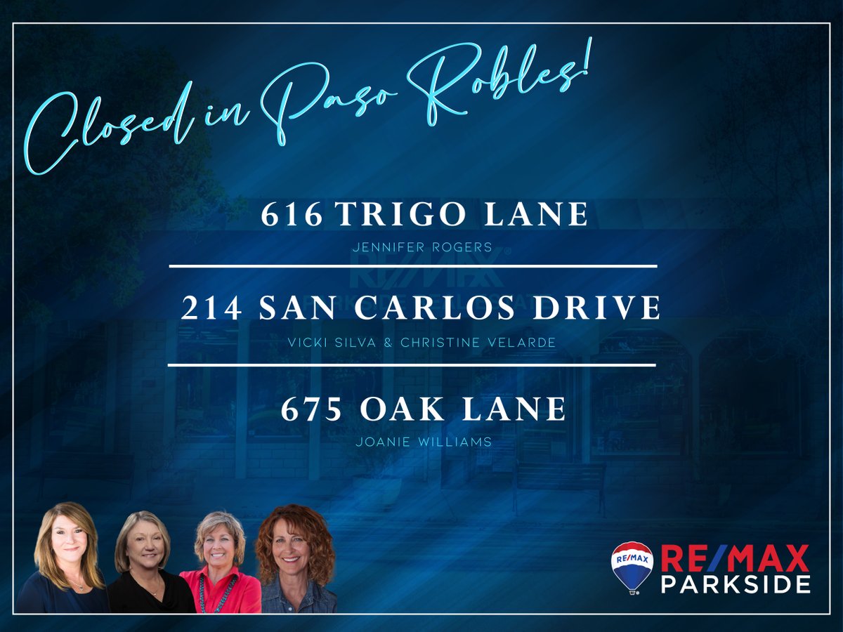 REMAXParksideRE's tweet photo. Our agents are on a roll! Congratulations to our amazing agents Jennifer Rogers, Vicki Silva, Christine Valarde, and Joanie Williams for their closings in Paso Robles! #REMAX #realestate #wherelegendsaremade https://t.co/i0CI6P7bSb