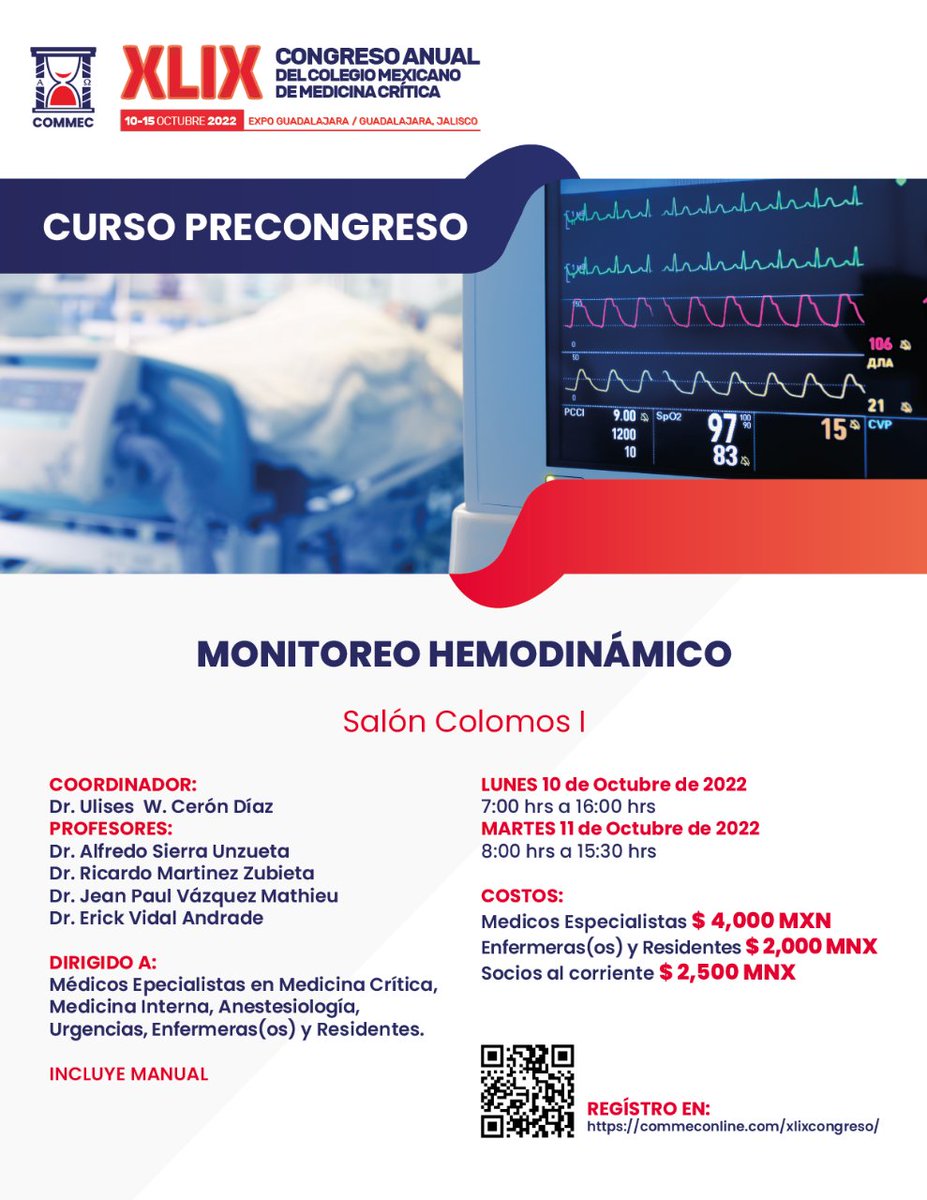 CommecOficial's tweet photo. XLIV #CONGRESO ANUAL DEL COLEGIO MEXICANO DE #MEDICINA #CRÍTICA
CURSOS PRECONGRESO
➡️ Registro: https://t.co/7AVdMtbSK0
➡️ Programa: https://t.co/HqaoCj2qBi
📍Expo Guadalajara | Jalisco
📅 10-15 Octubre 2022
🚨 Inscríbete antes del 10 de Octubre NO HABRÁ PAGO EN SITIO https://t.co/RXJrIhB0Pw