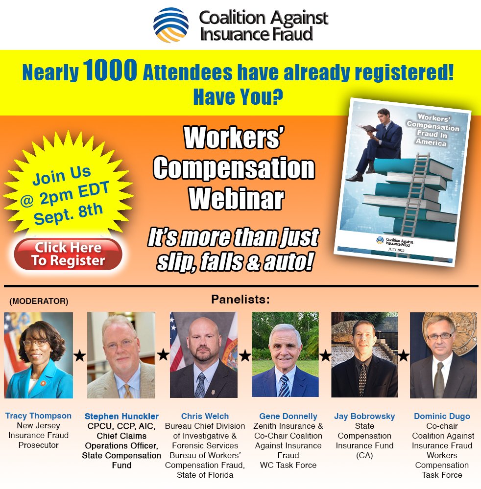 Insurance_Fraud's tweet image. Join THE NEARLY 1000 people who have registered for our #workerscompfraud #webinar THIS Thursday, Sept. 8 @ 2PM EDT. 

Don't miss out &amp;amp; register here: bit.ly/3ziR5k1 

#insurance #fraud #workerscomp #insurancefraud