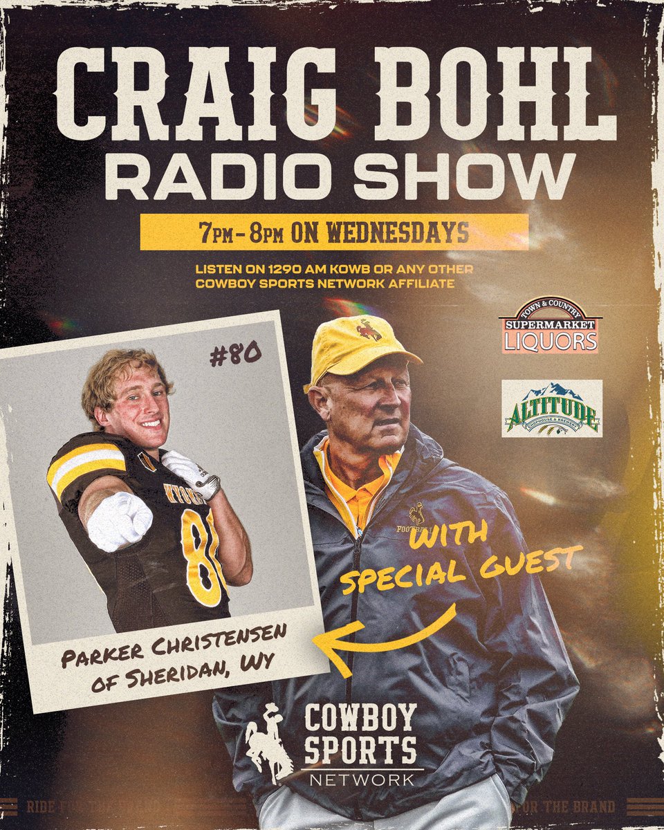 Wyoming Cowboy Football (@wyo_football) on Twitter photo The Sheridan native on The Craig Bohl Radio Show this week.
Join Coach and <a href="/pchristensen21/">Parker Christensen</a> Wednesday at 7 p.m. at Altitude Chophouse & Brewery in Laramie! 🤠🏈 The Sheridan native on The Craig Bohl Radio Show this week.
Join Coach and <a href="/pchristensen21/">Parker Christensen</a> Wednesday at 7 p.m. at Altitude Chophouse & Brewery in Laramie! 🤠🏈