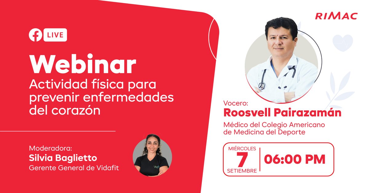 #WebinarRIMAC

Descubre por qué es bueno el deporte para prevenir enfermedades del corazón 🤔

🗓 Miércoles 07 de septiembre.
⏰ 6:00 p.m.  
‍A cargo de: Dr. Roosvell Pairazamán

👉 fb.me/e/6ItrRAmAZ