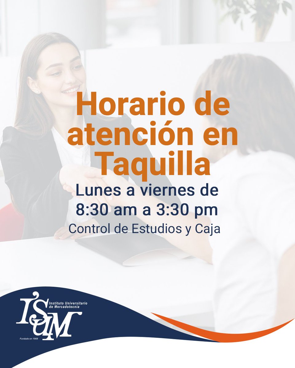 isum_com_ve's tweet photo. HORARIO DE ATENCIÓN EN TAQUILLA
Lunes a Viernes de 8:30 a 3:30 pm
Control de Estudios y Caja

#atencionpresencial #isum #isumccs #taquilla #inscripciones #inscribete https://t.co/ofUSntcax1