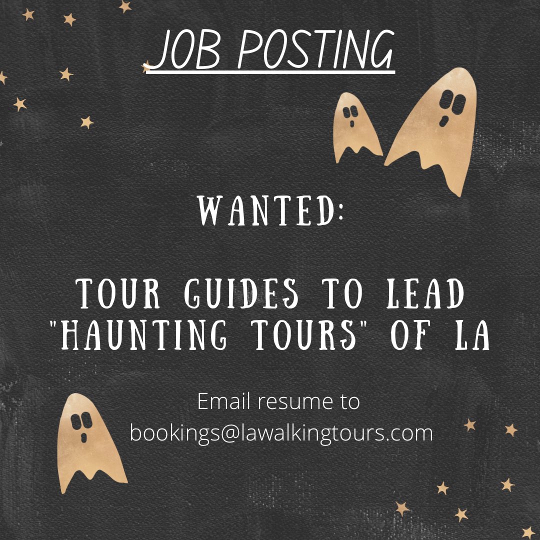 LAWalkingTours's tweet photo. The haunted season is here and we are excited to reopen our popular “Haunted Tales” tour with your help! 

We need new tour guides to help host a tour of ghosts, spirits, and unexplained activities in downtown LA!, DM us or send resume to bookings@lawalkingtours.com https://t.co/ognWnsSkWT