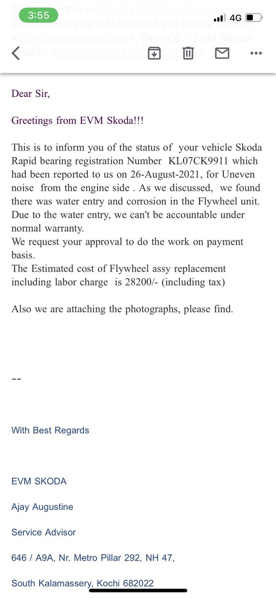 midhunmvg's tweet photo. @SkodaIndia Sad to inform you that, still you haven’t give me a solution for my complaint. Please find the details of my skoda extended warranty details and your distributors reply. It’s so disappointing and unfortunate response to a warranty customer. https://t.co/rgNlapJ2qP