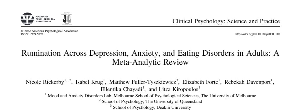 I'm excited to announce that my first first-author paper was published online-first this week in Clinical Psychology: Science and Practice. It's a meta-analytic review of rumination across depressive, anxiety and eating disorders. 
Check it out here:
psycnet.apa.org/record/2022-95…