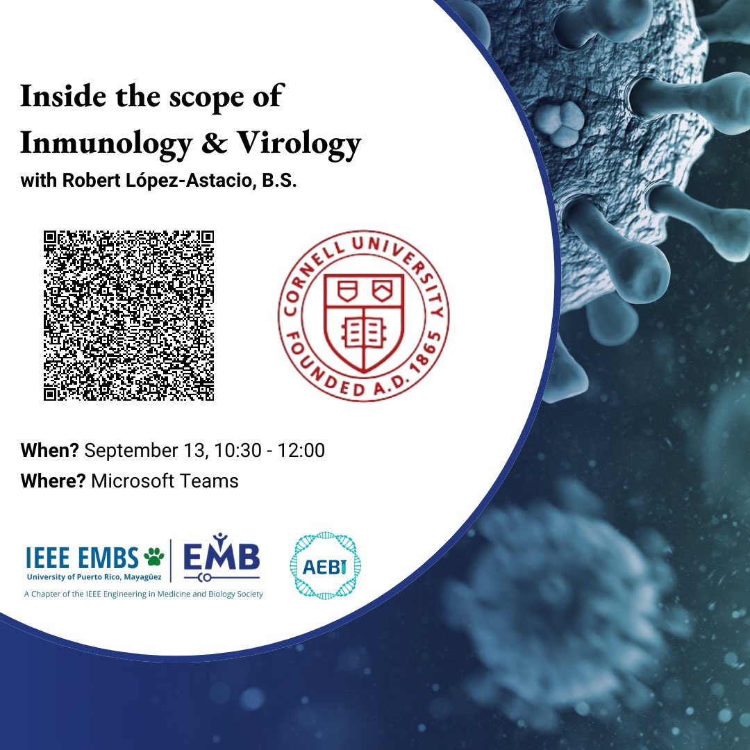 EMBuprm's tweet photo. La EMBS les invita a nuestra charla titulada “Inside the Scope of Inmunology and Virology” Está será dirigida por el estudiante doctoral Robert López-Astacio, el cual nos contará sobre su experiencia como estudiante e investigador hispano en las ciencias biómedicas.

(1/2) https://t.co/1MU8wLFAkW