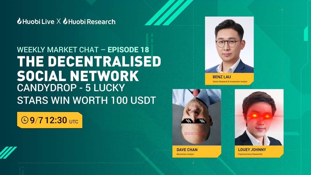 HTX_Research's tweet photo. 🚀#Candydrop:5 Lucky Stars Win Worth 100 #USDT Each Round.
🔥Weekly Market Chat-Episode 18
🎙️The Decentralised Social Network
⏰9/7,12:30UTC
☑️Follow @Huobi_Research
☑️RT+tag 3 friends
☑️Watch live:https://t.co/C7J9yk7ulT

⬇️Participate in Candydrop
https://t.co/1a4DuKre2M https://t.co/YZDrM6ALIU
