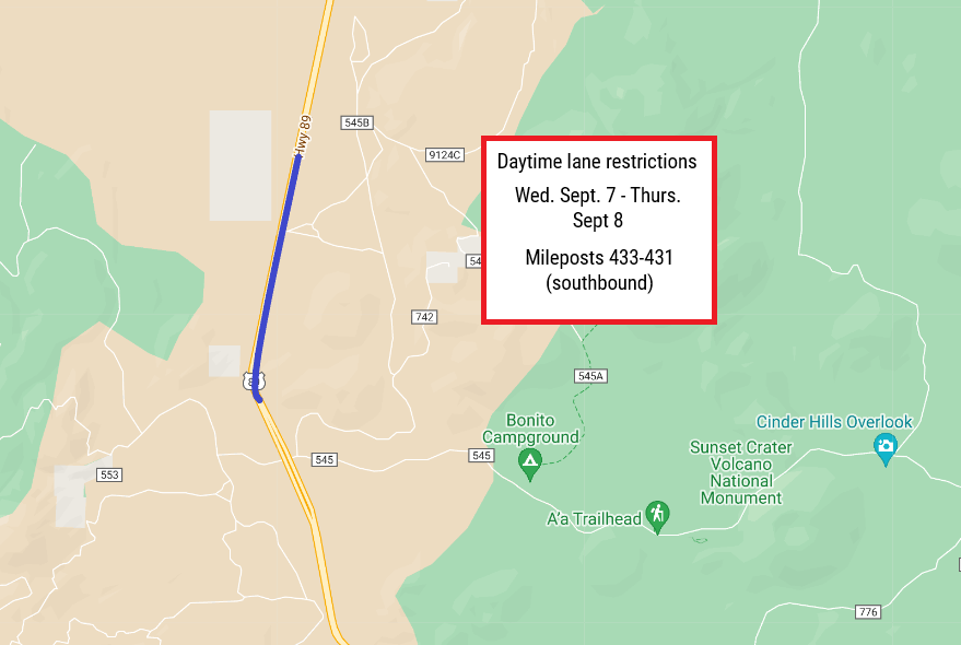 ArizonaDOT's tweet photo. π§ US 89 WORK π§
On Wednesday, Sept. 7, and Thursday, Sept. 8, there will be daytime lane restrictions on US 89 SB, north of Flagstaff.
Details: https://t.co/3tkXU8vKMw
#aztraffic #US89 #Flagstaff https://t.co/Q2LSpBa48w