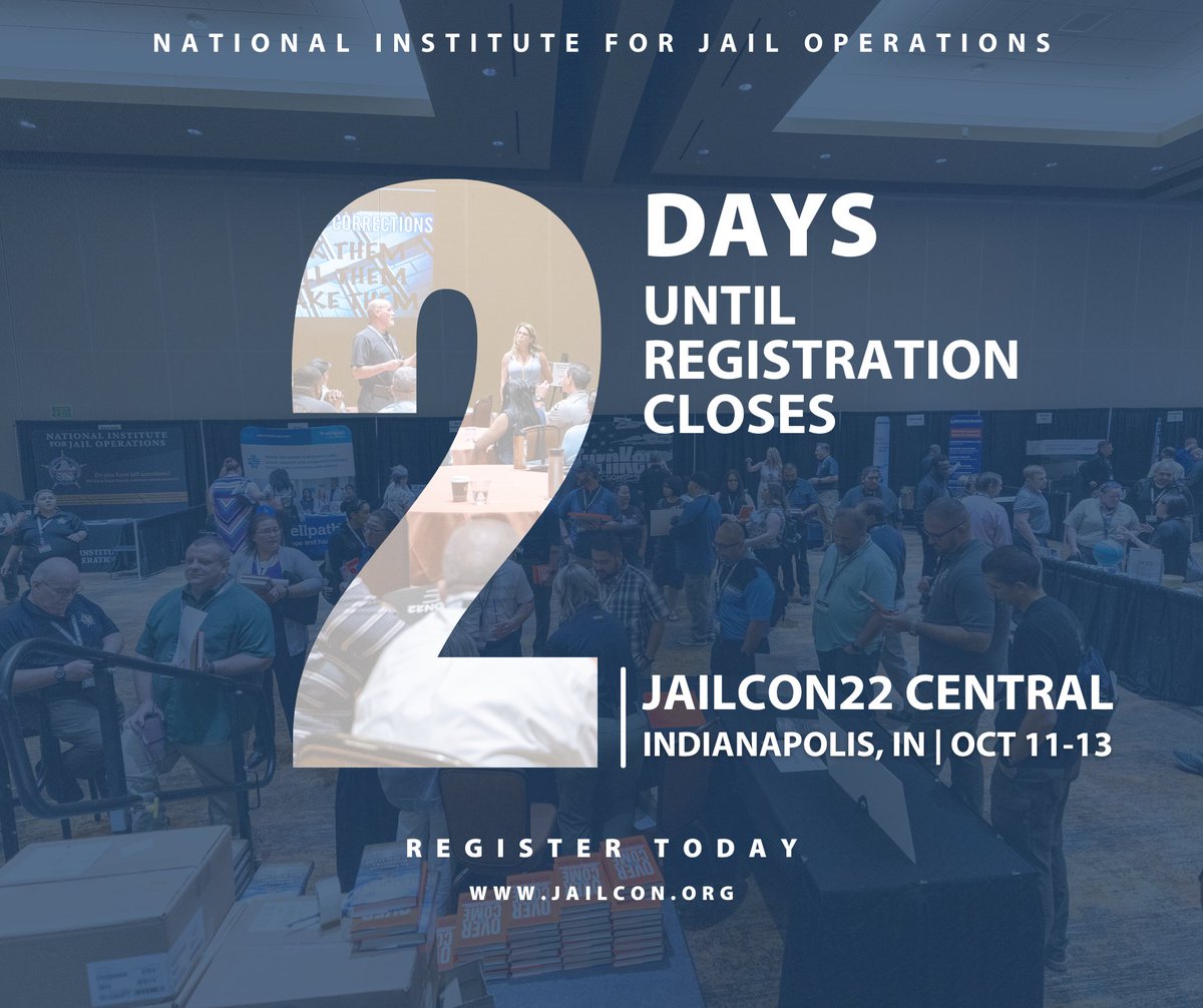 JailTrainingOps's tweet photo. Registration for #JAILCON Central closes soon!  Register today for the opportunity to receive 20+ hours of legal-based corrections-specific training that can go toward #NIJO Professional Certification.  Register now at https://t.co/fhkJU3o2lu. 

#jailcon22 #jailconcentral https://t.co/1o8mrzN2ig