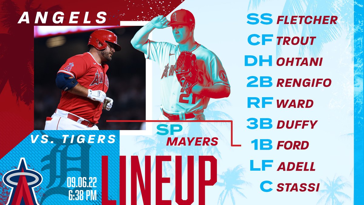 September 6 lineup: SS Fletcher, CF Trout, DH Ohtani, 2B Rengifo, RF Ward, 3B Duffy, 1B Ford, LF Adell, C Stassi, P Mayers