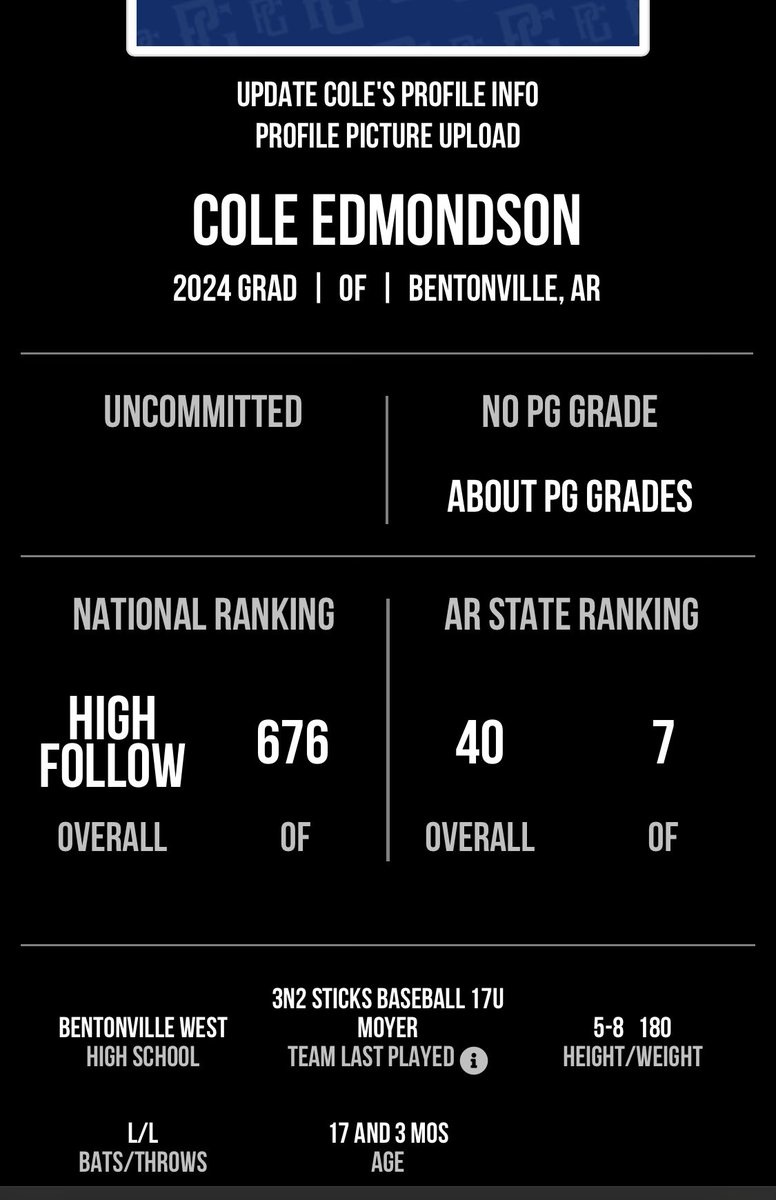 ColeEdmondson5's tweet photo. Awesome to be ranked 40 in Arkansas and 7 in the OF in the class of 2024. Higher rank soon to come! @MMoyer12_ @AR_Sticks @Brewsterc29 @EvanHamm @BWHSbaseball https://t.co/kHyWQ7Zej7