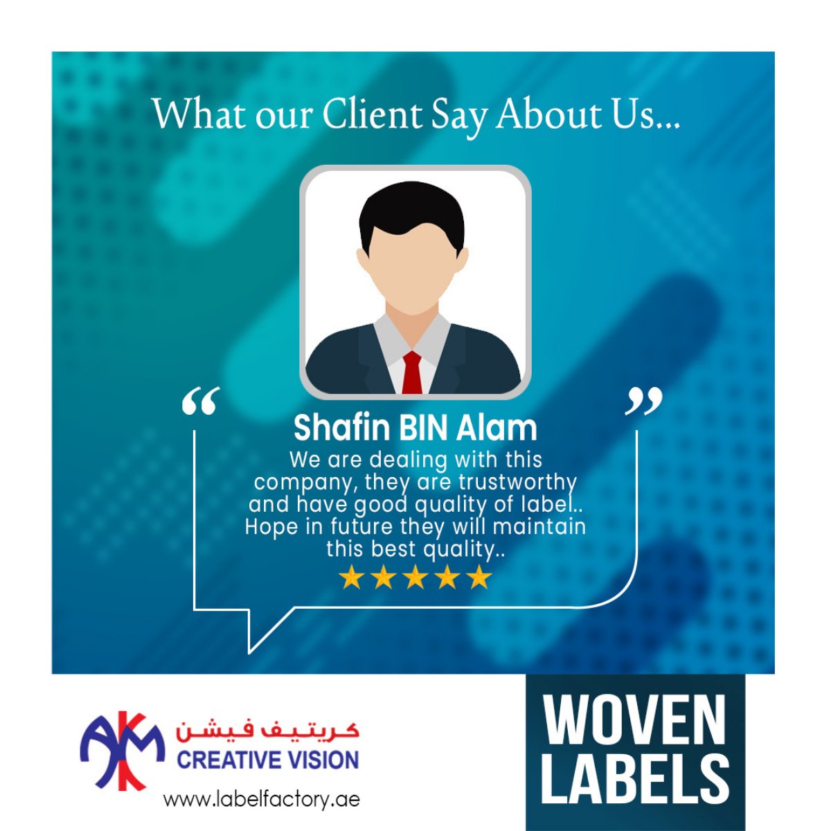 creativ43583649's tweet image. We place the utmost importance on client satisfaction. Thank you Mr Shafin, for this wonderful feedback. 

#labelfactoryuae #review #labels #wovenlabels #clothinglabels #testimonials #uae