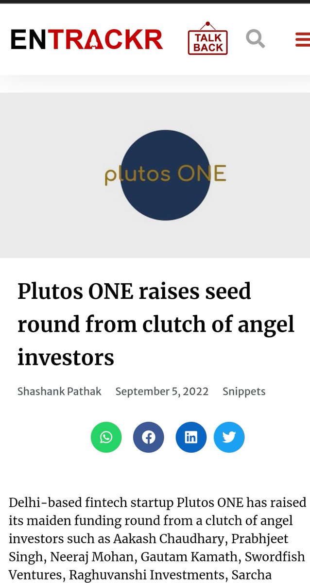 Keep Moving ! Onwards &amp; upwards ! Thanks <a href="/jaivardhan88/">jaivardhan</a> #startups entrackr.com/2022/09/plutos… #startupindia