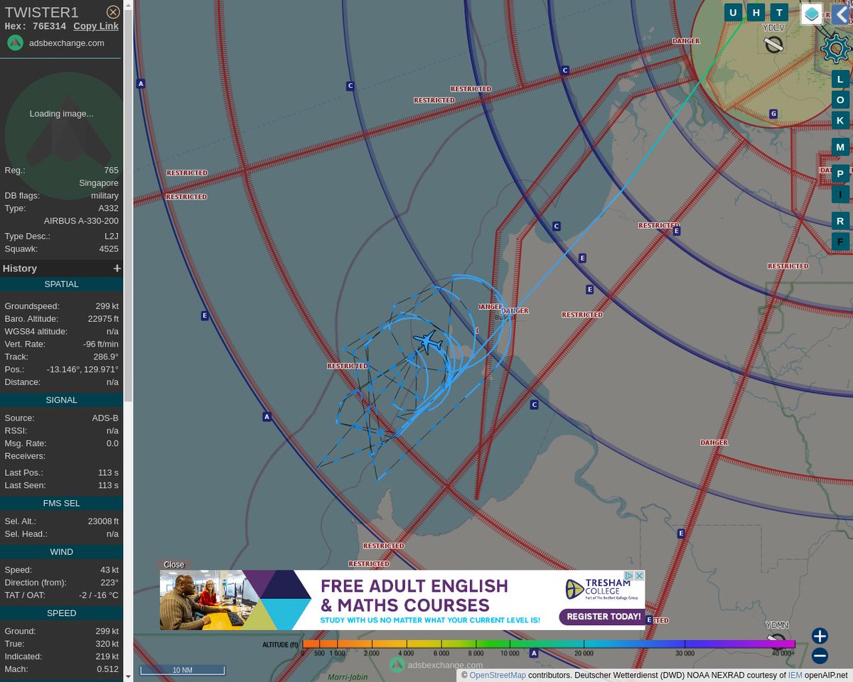 MULTI ADSBX MANOEUVRING ALERT : At time Wed Sep  7 06:09:13 2022 #TWISTER1 was likely to be manoeuvring at FL230  
 near Nemarluk, West Daly Region, Northern Territory, Au #AvGeek #ADSB globe.adsbexchange.com/?icao=76E314&z…