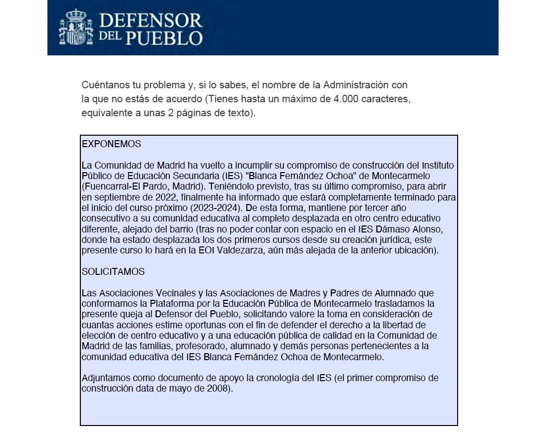 Por segunda vez en tres años, volvemos a pedir ayuda al <a href="/DefensorPuebloE/">Defensor del Pueblo</a> por el ataque a la libertad de elección de centro educativo por parte de la <a href="/ComunidadMadrid/">Comunidad de Madrid</a>, <a href="/IdiazAyuso/">Isabel Díaz Ayuso</a> y <a href="/eossoriocrespo/">Enrique Ossorio</a> en el enésimo retraso en la construcción del #IESMontecarmeloYa.
