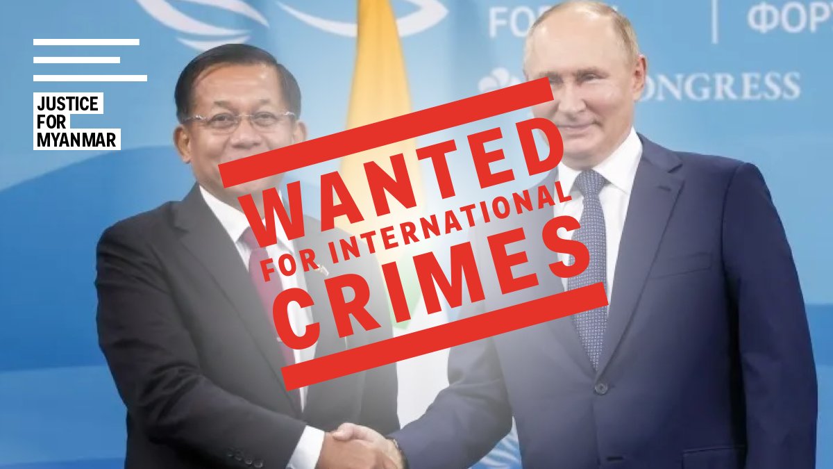 JusticeMyanmar's tweet photo. Partners in crime. Min Aung Hlaing called Putin "a leader of the world, because you are controlling and organizing stability all over the world"🤯

Russia aids &amp; abets Myanmar military atrocity crimes through continued supply of arms &amp; biz dealings. Both must be held accountable! https://t.co/SgBPDVOxg9