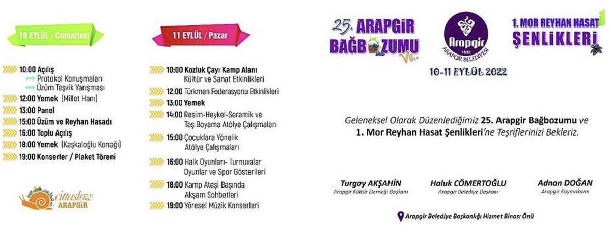 MALATYALILAR's tweet photo. Etkinlik
25. Arapgir Bağbozumu Şenlikleri
Tarih: 10-11 Eylül https://t.co/O88kAvI7VX