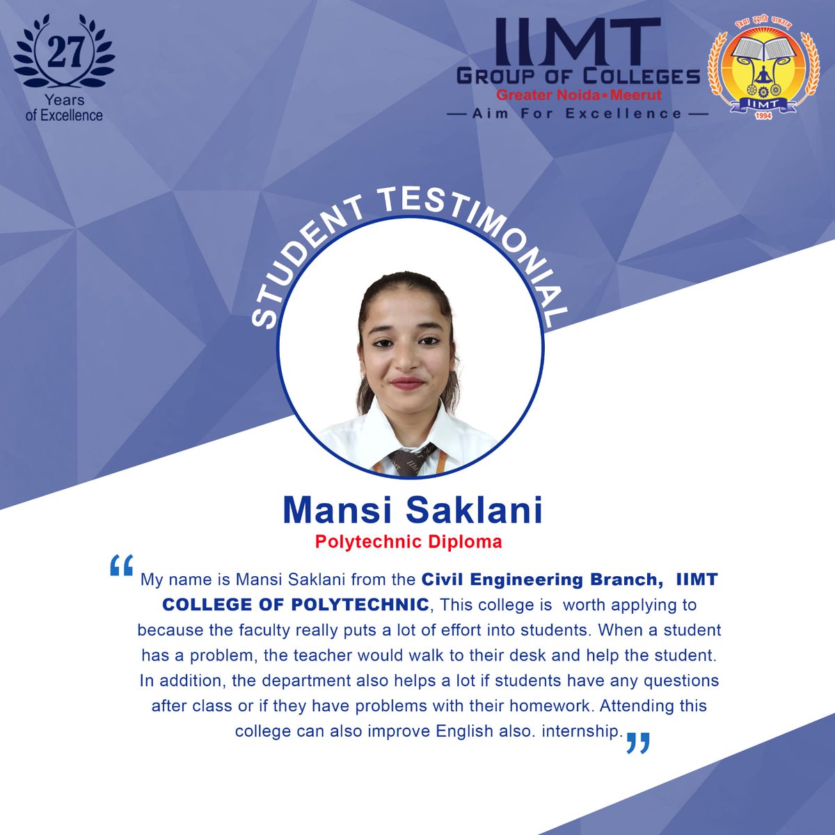 iimtnoida's tweet photo. Student Testimonial!
Mansi Saklani from the Civil Engineering Branch, IIMT COLLEGE OF POLYTECHNIC
https://t.co/UOh7RIbr6l
Call Us: 9520886860
.
#StudentTestimonial #DiplomaCivil
#BestPolytechnicCollege #TopPolytechnicCollege
#DiplomaInCivilEngineering #PolytechnicAdmission2022 https://t.co/SpNm55aveI