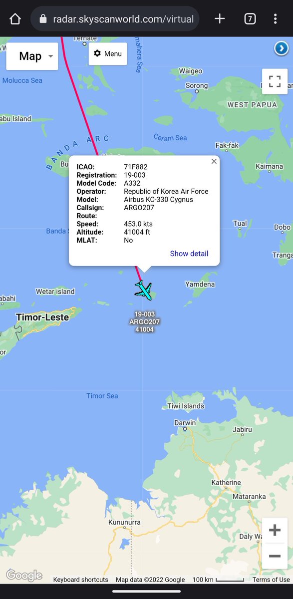 scan_sky's tweet photo. #ROKAF 🇰🇷 -  KC-330 - 19-003 - #ARGO207

Inbound To Darwin International Airport 🇦🇺 From Seoul Air Base 🇰🇷

Should Be To Bring Home The #ROKAF 🇰🇷 KF-16s That Have Been Participating In #PitchBlack2022.

This Was The 1st Operational Deployment For The KF-16Us Following Upgrades. https://t.co/NiA3R06V3V