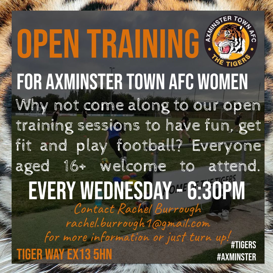 Axminstertownfc's tweet image. Training tonight for 16+ women...
#Tigers 🐅 #Axminster 🧡 #buildingateam