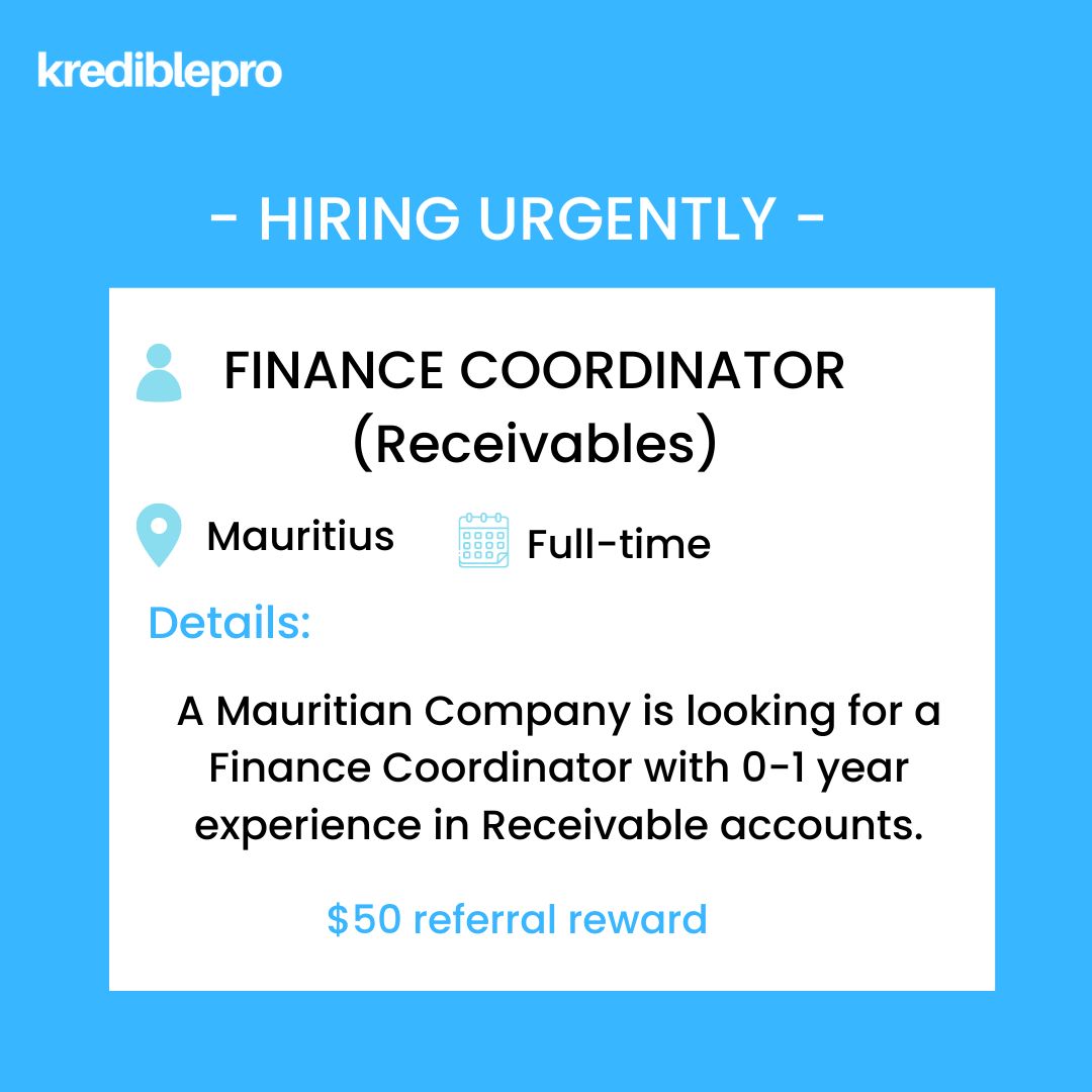 Recommend a Junior Finance Coordinator or apply for this opportunity here;

zcu.io/vA33

#KrediblePro #KredibleCv #Talent #Reviews #Referencechecking #Mauritius