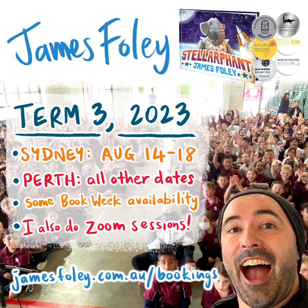 Jamesfoleybooks's tweet photo. BOOKINGS ARE OPEN for school and library visits for Term 3, 2023!
- Sydney: August 14th-18th
- Perth: all other dates (inc. CBCA Book Week)
- Some CBCA Book Week days still available
- I also do Zoom sessions!
More info: https://t.co/aXYFyDMOpt
#BookWeek #CBCABookWeek https://t.co/fUemhTHrja