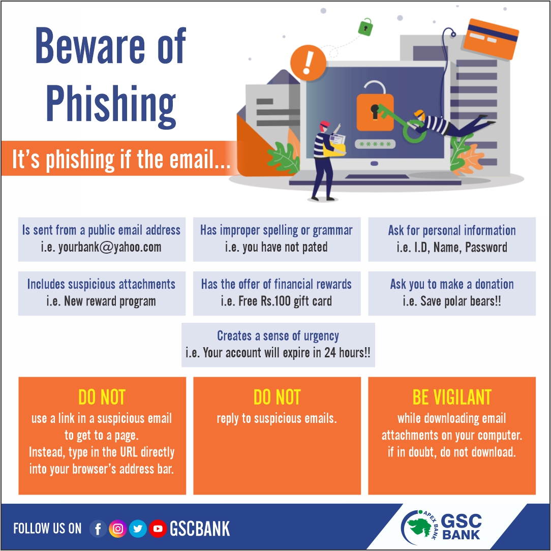 GSCBank's tweet photo. Never respond to emails/links/calls asking to update or verify KYC documents/User ID/Password/Debit Card No/PIN/CVV/OTP. Dial 1930 to report a Cyber Crime
#cyberjagruktadiwas #cybercrime #cyberattack #nevershare #phishing #BeAwareBeSafe #awareness  #BeVigilant #gscb #BeSecure https://t.co/kBPRbe0HwY