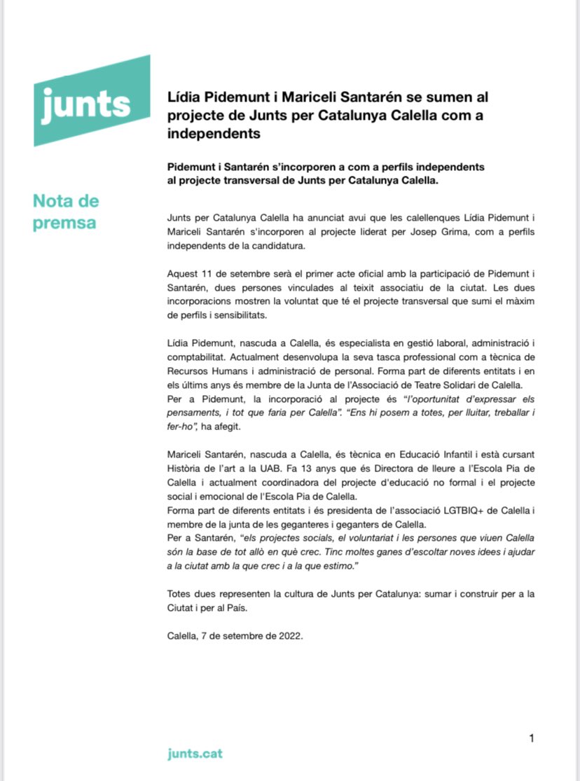 juntscalella's tweet photo. 📰 Lídia Pidemunt i Mariceli Santarén se sumen al projecte de @juntscalella com a independents.

📌 Llegeix la nota de premsa: https://t.co/GXOOb9RNDr
