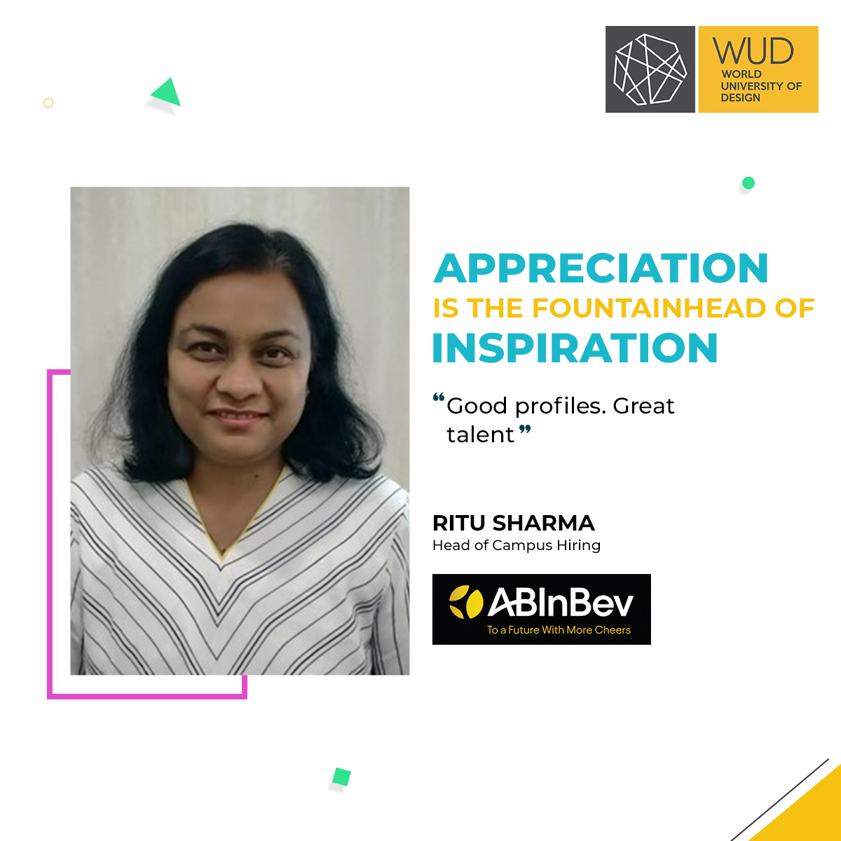 Ritu Sharma, Head of #CampusHiring at ABinBev, Bangalore, shares about the dynamism that young graphic &amp; UI/UX designers from #WUD bring out on the table that becomes a reason to choose more talent from here for her future requirements.

#WUD #Sonipat #CampusRecruitment